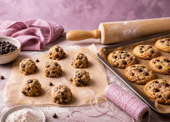 Cookie dough, baked chocolate chip cookies, and bakery tools on a lavender-pink work surface